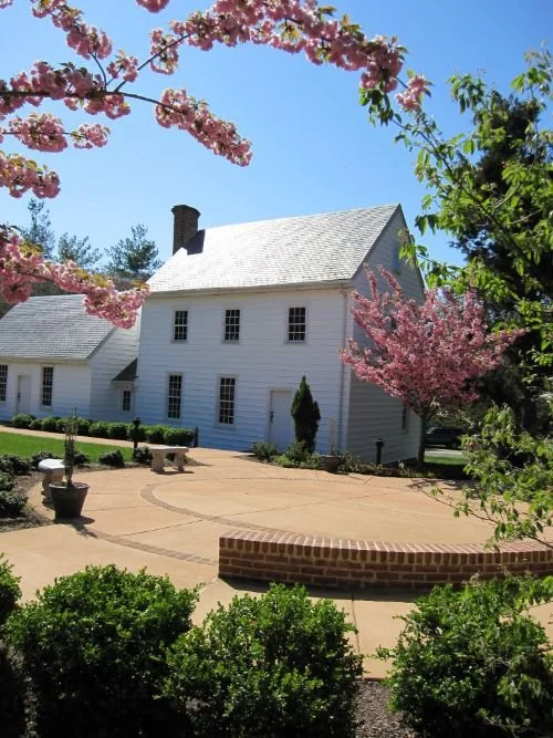 White two-story house with a gray roof, surrounded by pink flowering trees and a landscaped yard with benches and potted plants.