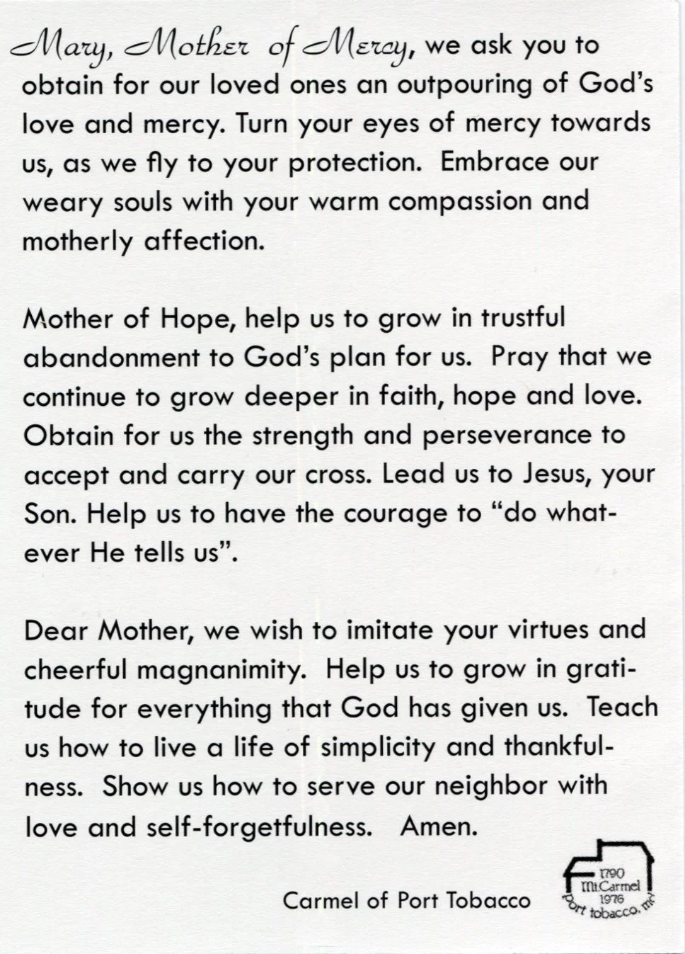 Mary, Mother of Mercy Holy Card — Carmel of Port Tobacco