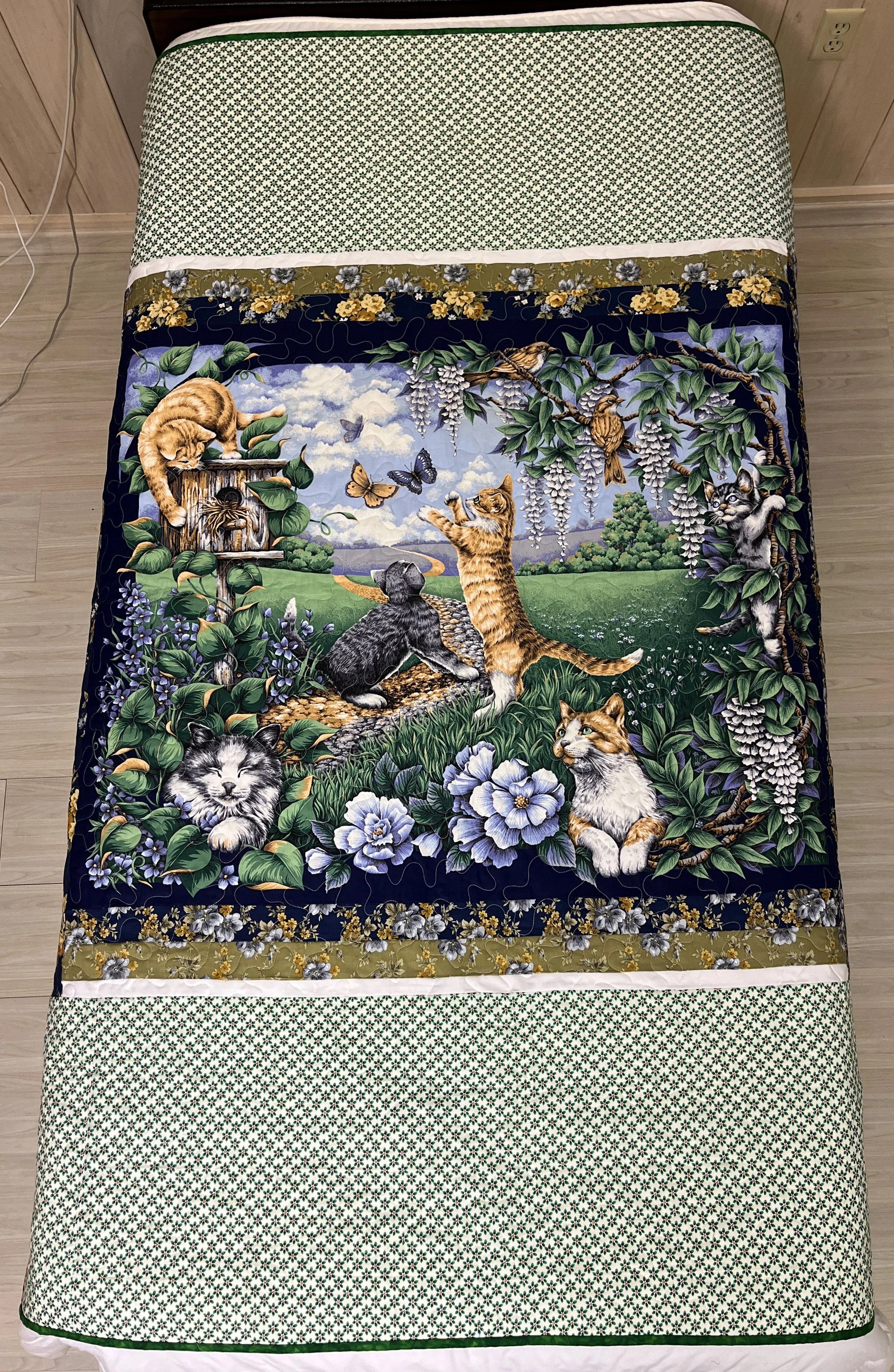 Whimsical Cat and Floral Quilt