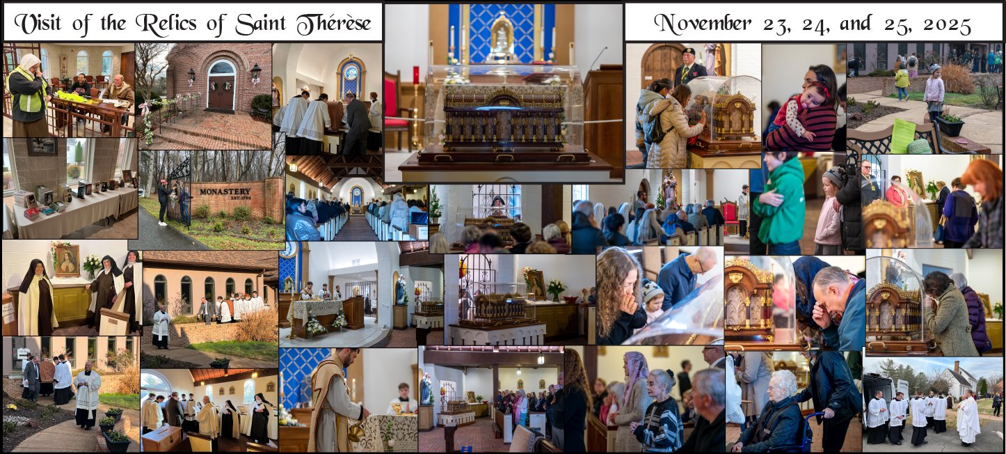 A collage of photos from a religious visit to Saint Thérèse's relics, held on November 23-25, 2025. The images include people praying, viewing relics, attending services, and participating in religious activities at a church, monastery, and outdoor locations.