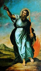 Painting of a bearded man in biblical attire pointing with his right hand, with a landscape in the background.