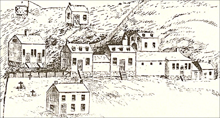 Sketch of a hillside village with multiple houses, buildings, and a church, with a fence and stairs leading to the street level.
