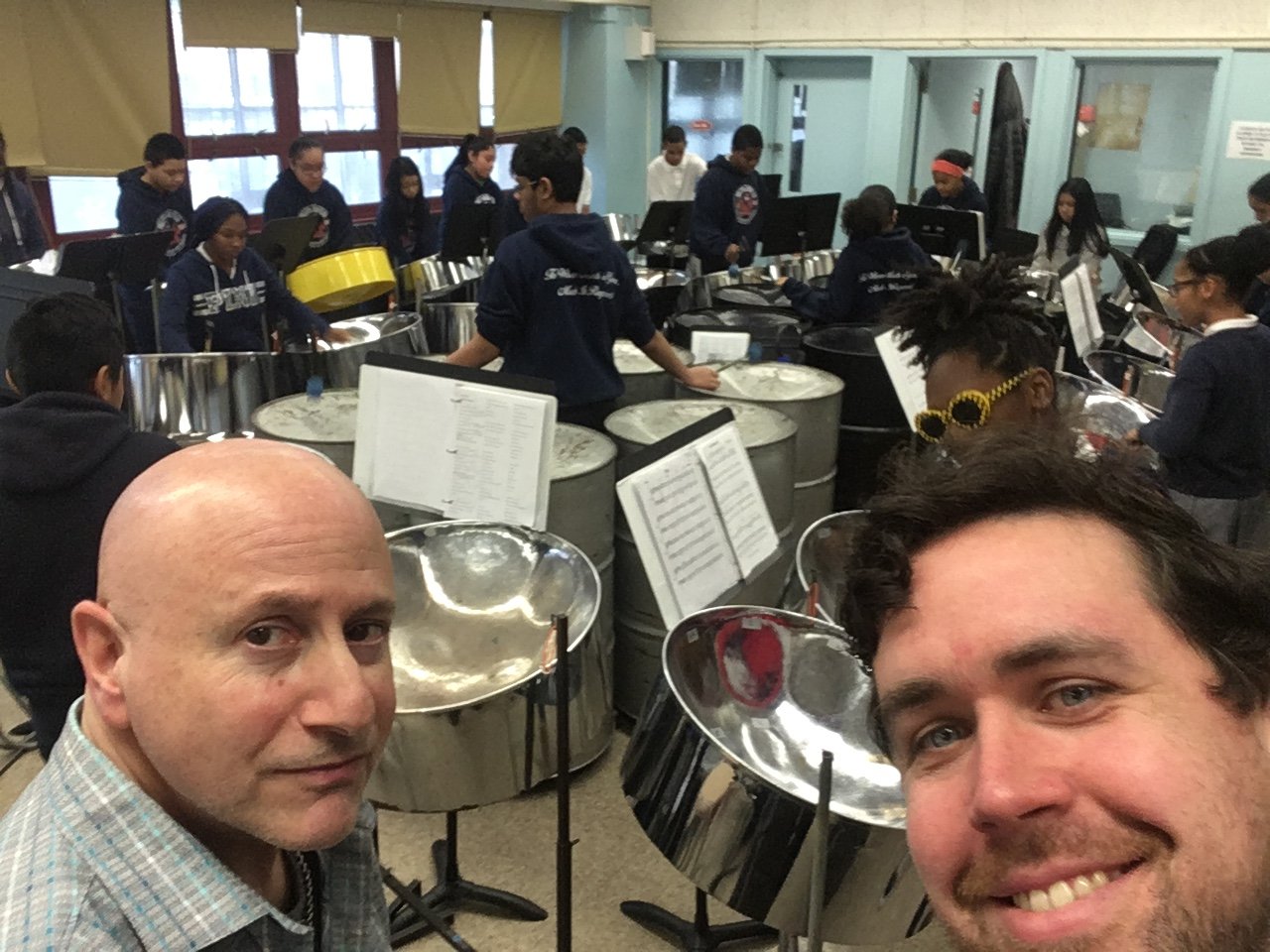 Rob & percussion master Daniel Sadownik - teaching steel pan ensemble in Brooklyn, NY