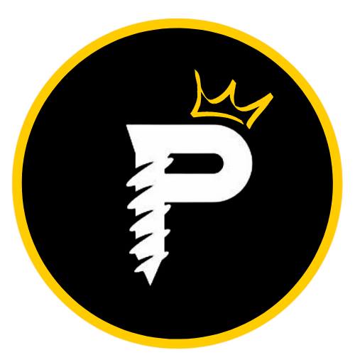 Logotipo com a letra P estilizada, uma coroa no topo e um círculo amarelo ao redor, fundo preto.