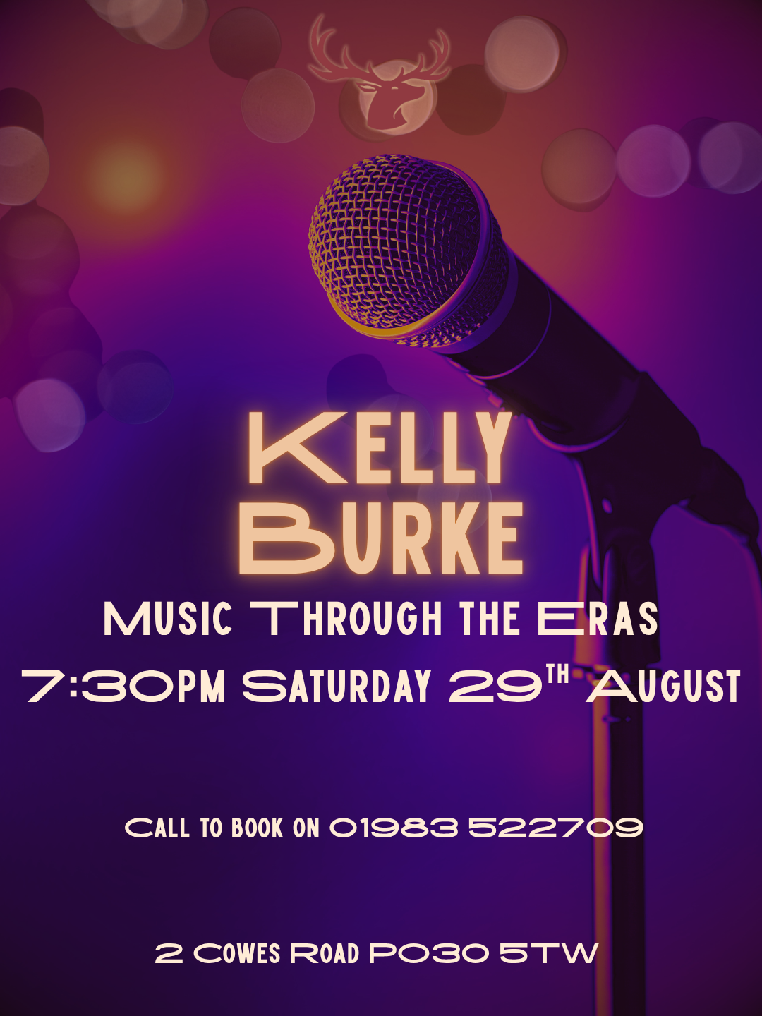 29th August at 7:30pm Kelly burke will be performing music through the eras, classic hits everyone remembers and loves - £5 deposit to secure table, redeemable against any purchase