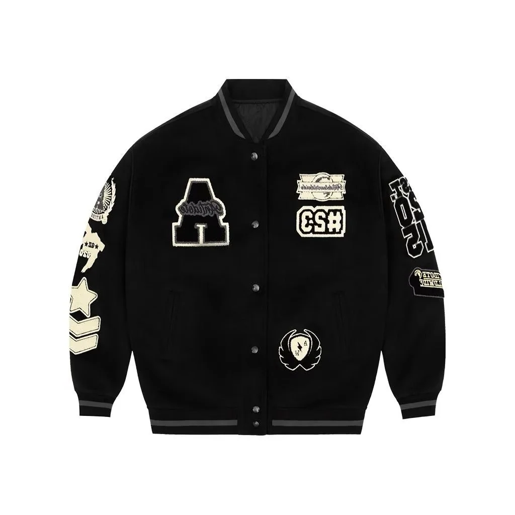 Classic Black Varsity Jacket with Embroidered Patches