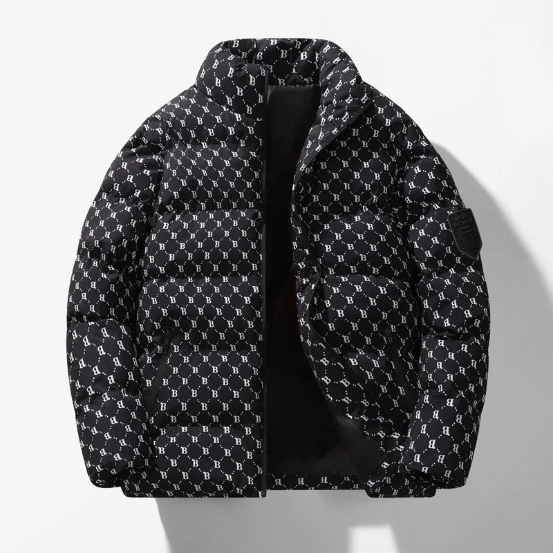 Black puffer jacket with white letter 'B' pattern, hood, and patch on the sleeve.