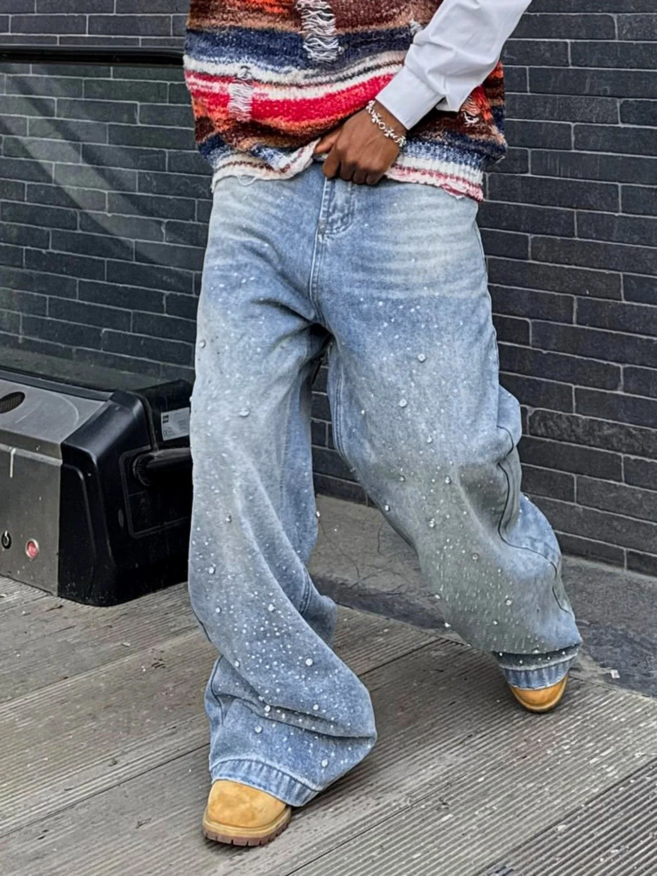 Rhinestone Straight Wide Leg Denim Baggy Jeans