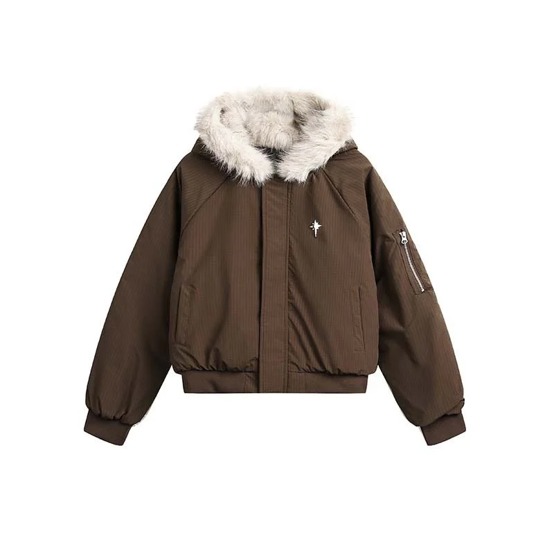Brown insulated winter jacket with white faux fur-lined hood, front zipper, and pocket zippers.