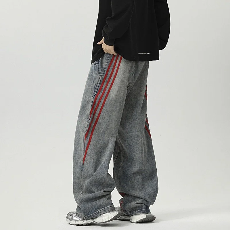Red Stripe Wide-Leg Denim Jeans