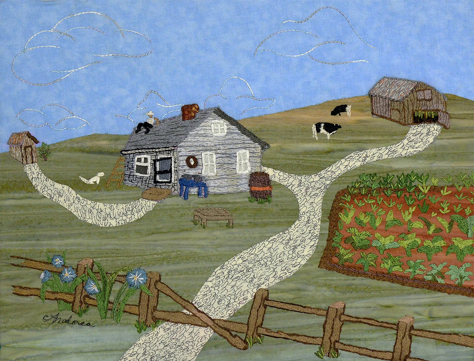 artwork made of embroidery and applique depicting a farmhouse, barn, crops, a fence, and animals