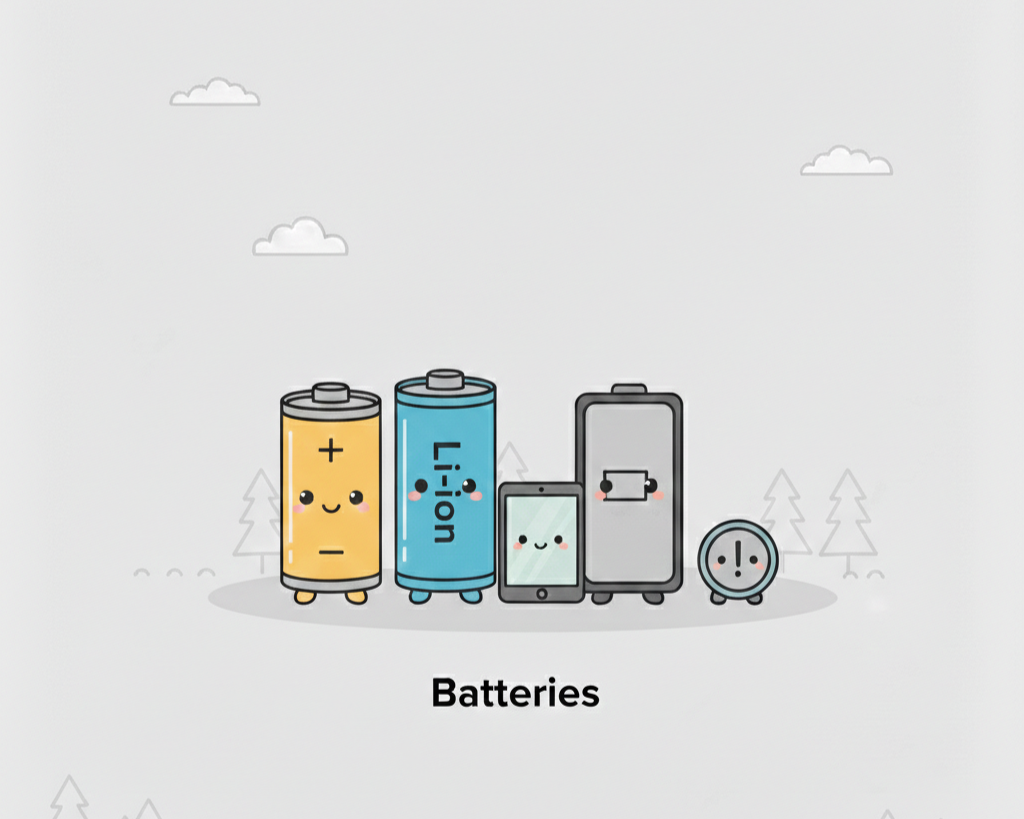 Cartoon batteries with smiling faces, including a AAA, AA, smartphone, portable charger, and a clock, set outdoors with trees and clouds. Text below reads "Batteries."