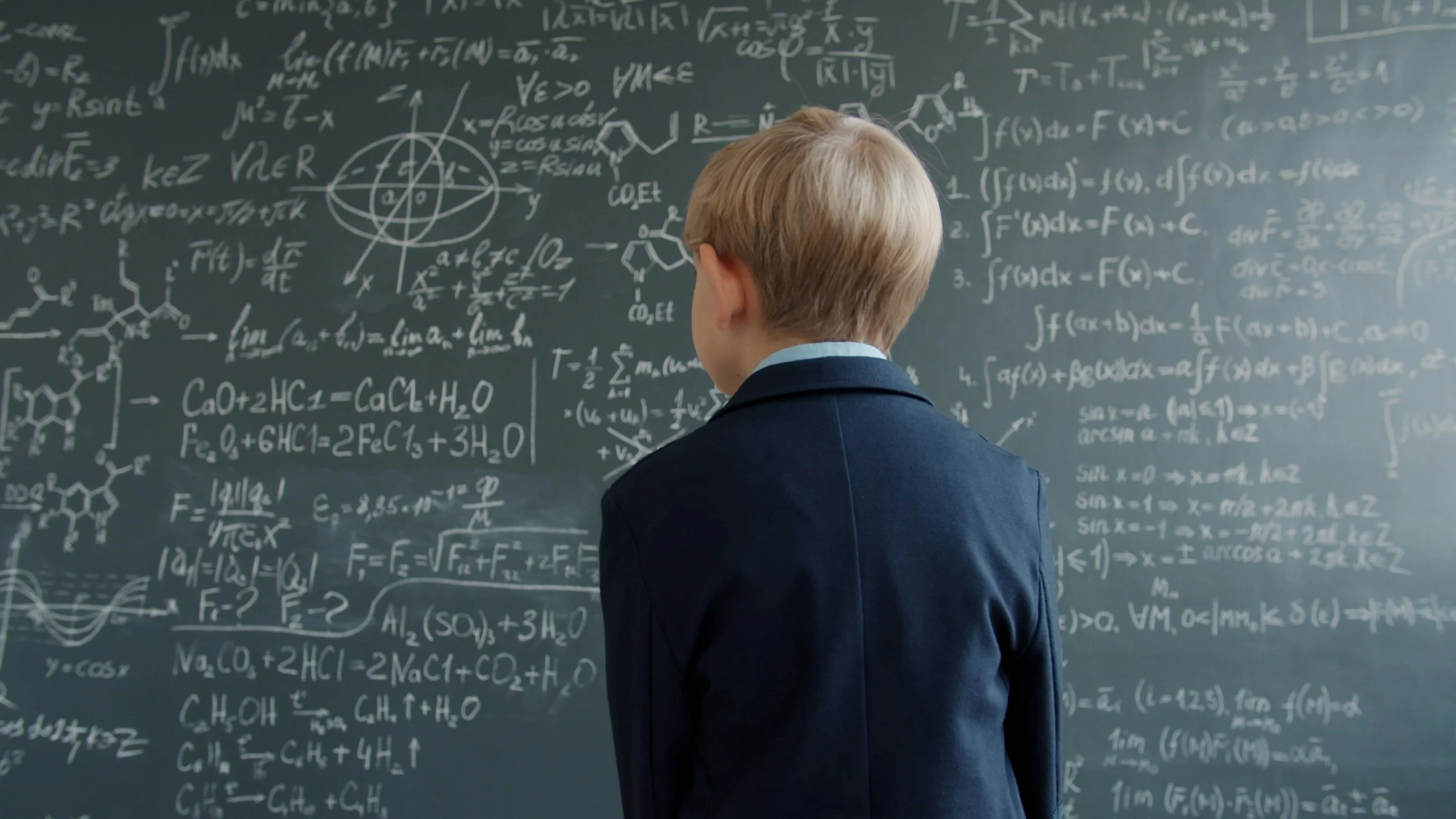 Person with blond hair in a suit standing in front of a chalkboard filled with complex mathematical equations and diagrams.