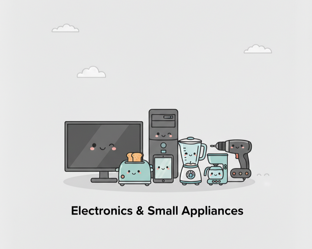 Cartoon illustrations of electronic and small household appliances with happy faces including a monitor, tower computer, toaster with bread, smartphone, blender, electric kettle, and power drill. Text below reads "Electronics & Small Appliances."