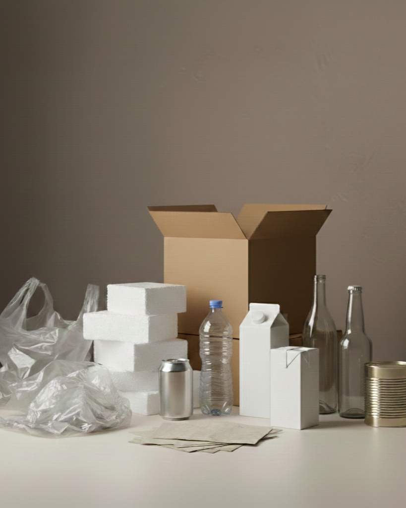 A collection of recyclables including styrofoam blocks, plastic bags, a plastic water bottle, a glass bottle, a tin can, a small carton, and a cardboard box, with empty cans and papers on a white surface against a beige wall.