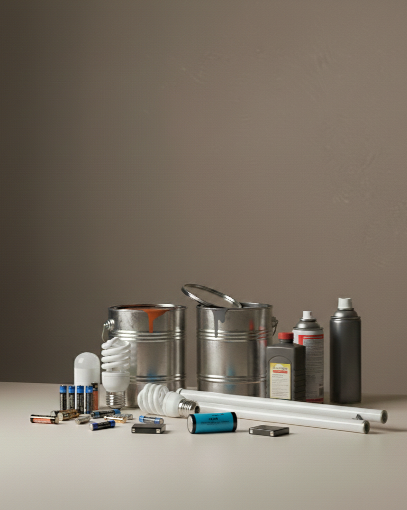 Recyclable items including paint cans, light bulbs, batteries, spray cans, and PVC pipes.