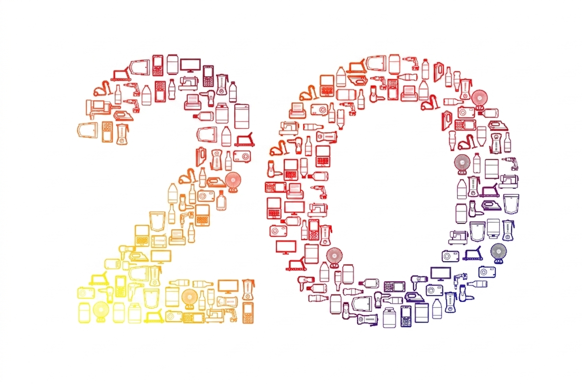 Number 20 made of various electronic devices and appliances, with a rainbow gradient.
