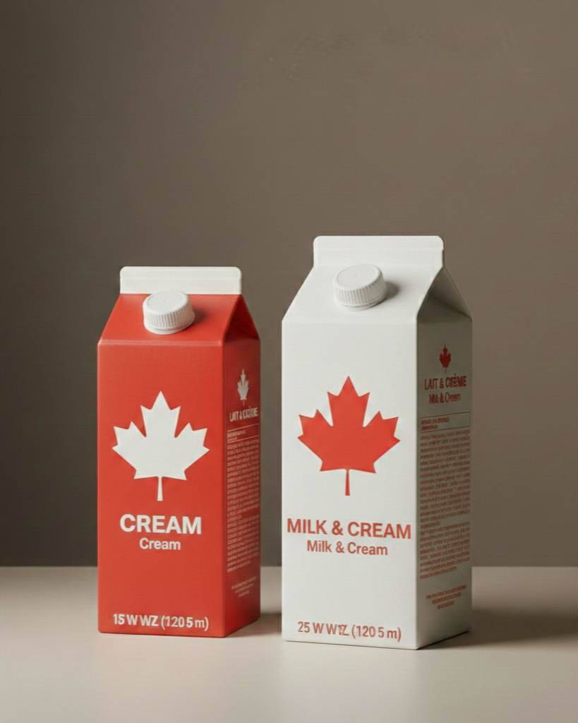 Cartons of cream, one labeled 'CREAM' and the other 'MILK & CREAM,' with a maple leaf logo, on a white surface against a gray background.