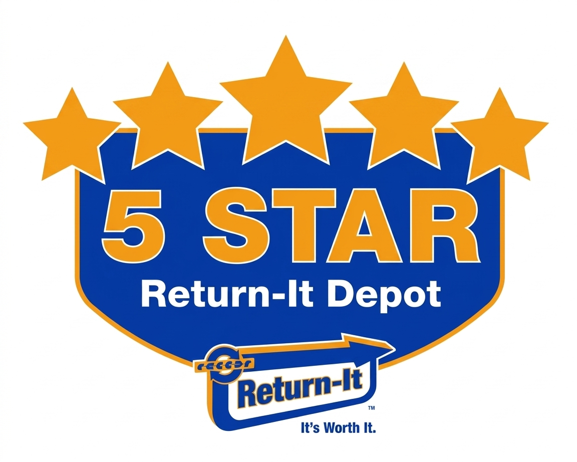 Logo for 5 Star Return-It Depot with five gold stars, blue background, and white and gold text.