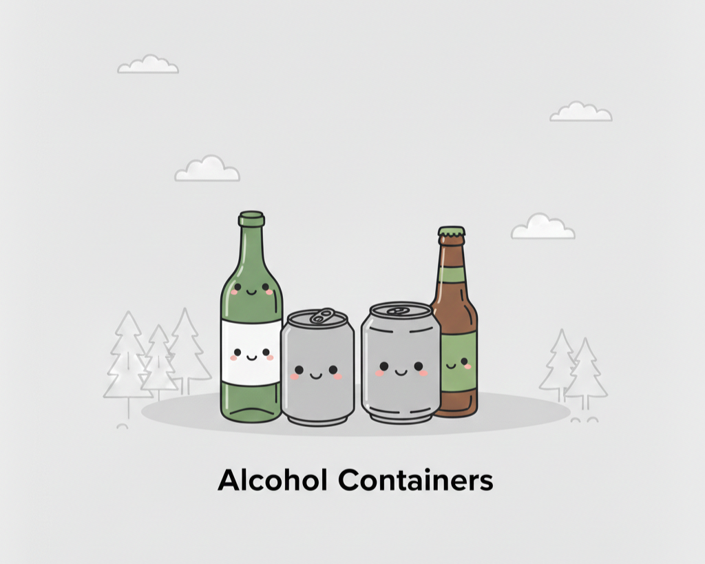Cute cartoon illustrations of different alcohol containers, including wine bottles, and beer cans, all with smiling faces, set outdoors with a few clouds and trees in the background. Text below reads "Alcohol Containers."