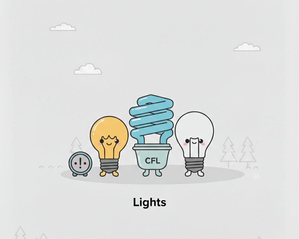 Cute cartoon illustrations of different types of light bulbs: a small round bulb, an incandescent bulb, a compact fluorescent light (CFL), and a LED bulb. Text below reads "Lights"