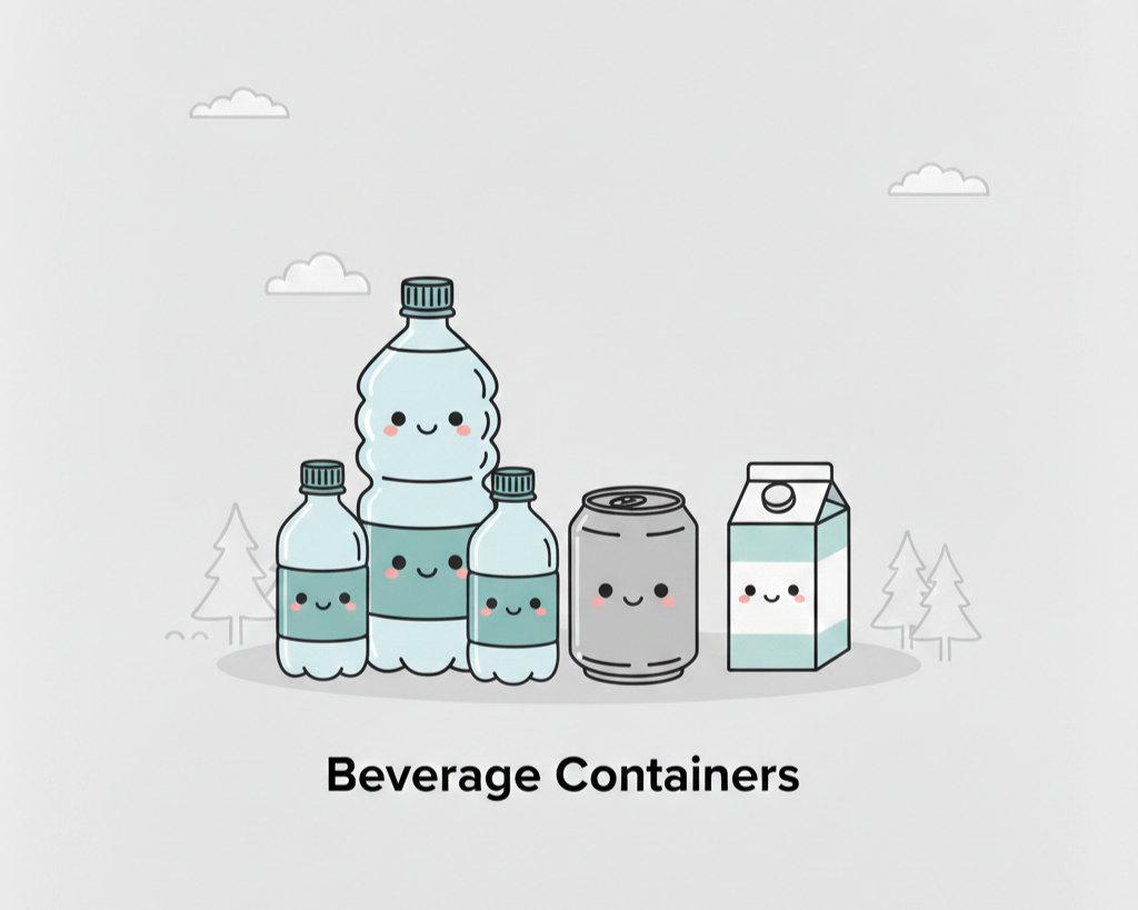 Cute illustrated beverage containers including water bottles, a soda can, a juice box, a gable top, and their smiling faces, with trees and clouds in the background. Text below reads "Beverage Containers."