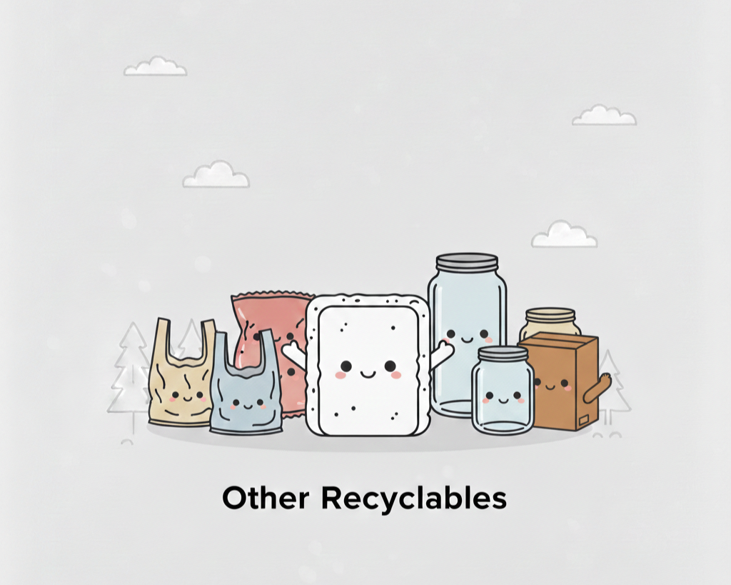 Cute illustrated collection of recyclable items with smiling faces, including a plastic bag, plastic containers, glass jars, and a cardboard box, with a scenic background and clouds. Text below reads "Other Recyclables."