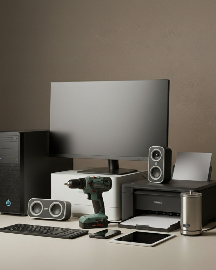 Recyclable electronics including a monitor, speakers, a cordless drill, a desktop computer, a printer, a tablet, a smartphone, and a small appliance.