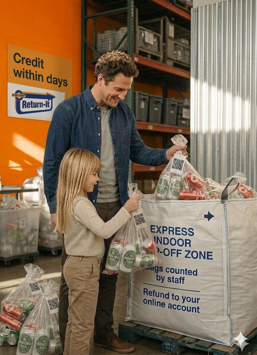 A man and a young girl are dropping off plastic bags full of empty containers at the Express recycling zone.
