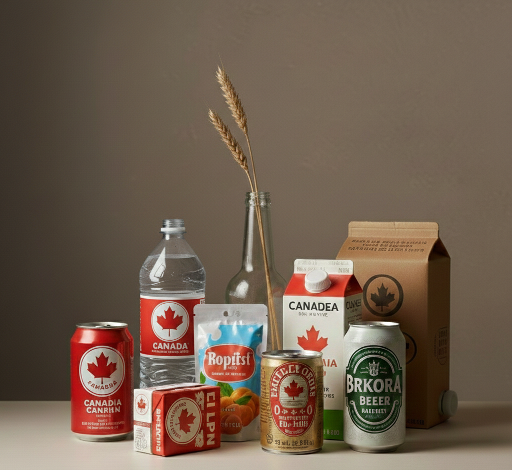 Several Canadian-themed items including pop can, beer can, plastic bottle, milk container, juice box, gable top, pouch, bi-metal, and bag-in-a-box containers.
