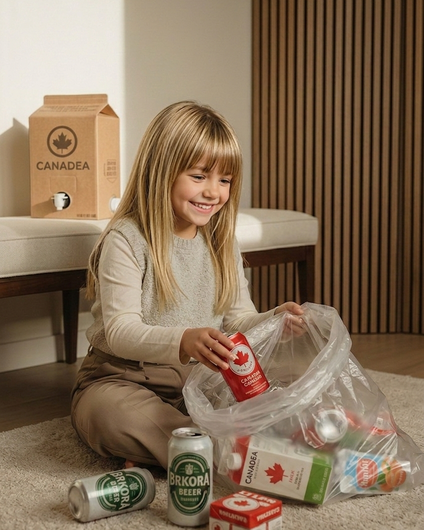 A smiling girl sitting on the floor packing empty beverage cans into a plastic bag, with other cans and cartons nearby, in a cozy indoor setting.