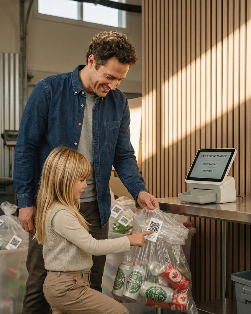 A man and a young girl at a recycling center, placing QR code stickers on a plastic bag for a full deposit refund.