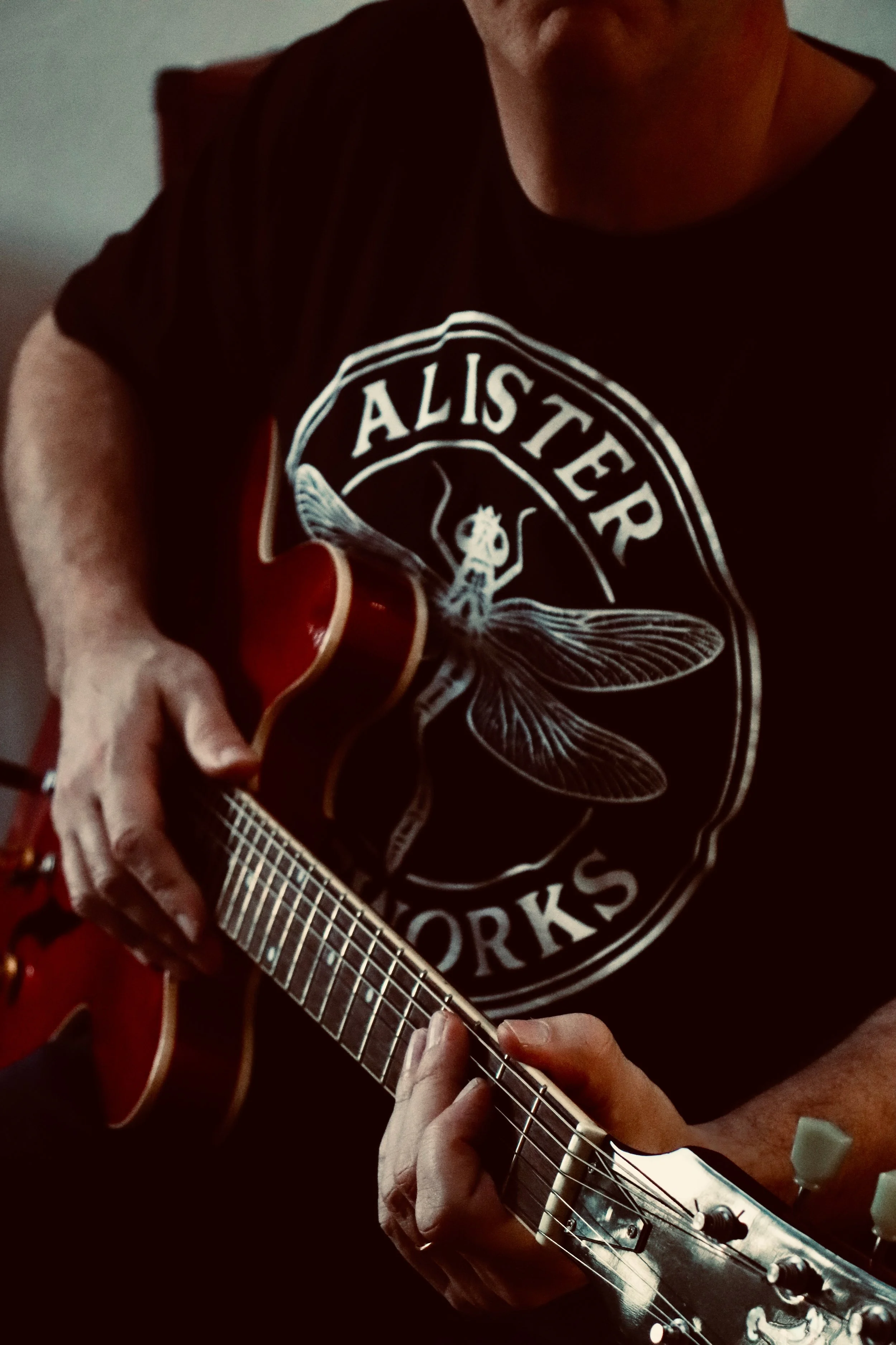 Personne jouant de la guitare, portant un t-shirt noir avec un logo de "Alister Works" et une mouche. Guitare acoustique rouge, mains visibles, environnement intérieur.