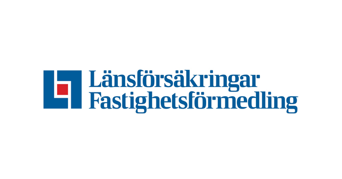 Logo with blue, red, and white design and Swedish text 'Länsförsäkringar Fastighetsförmedling'