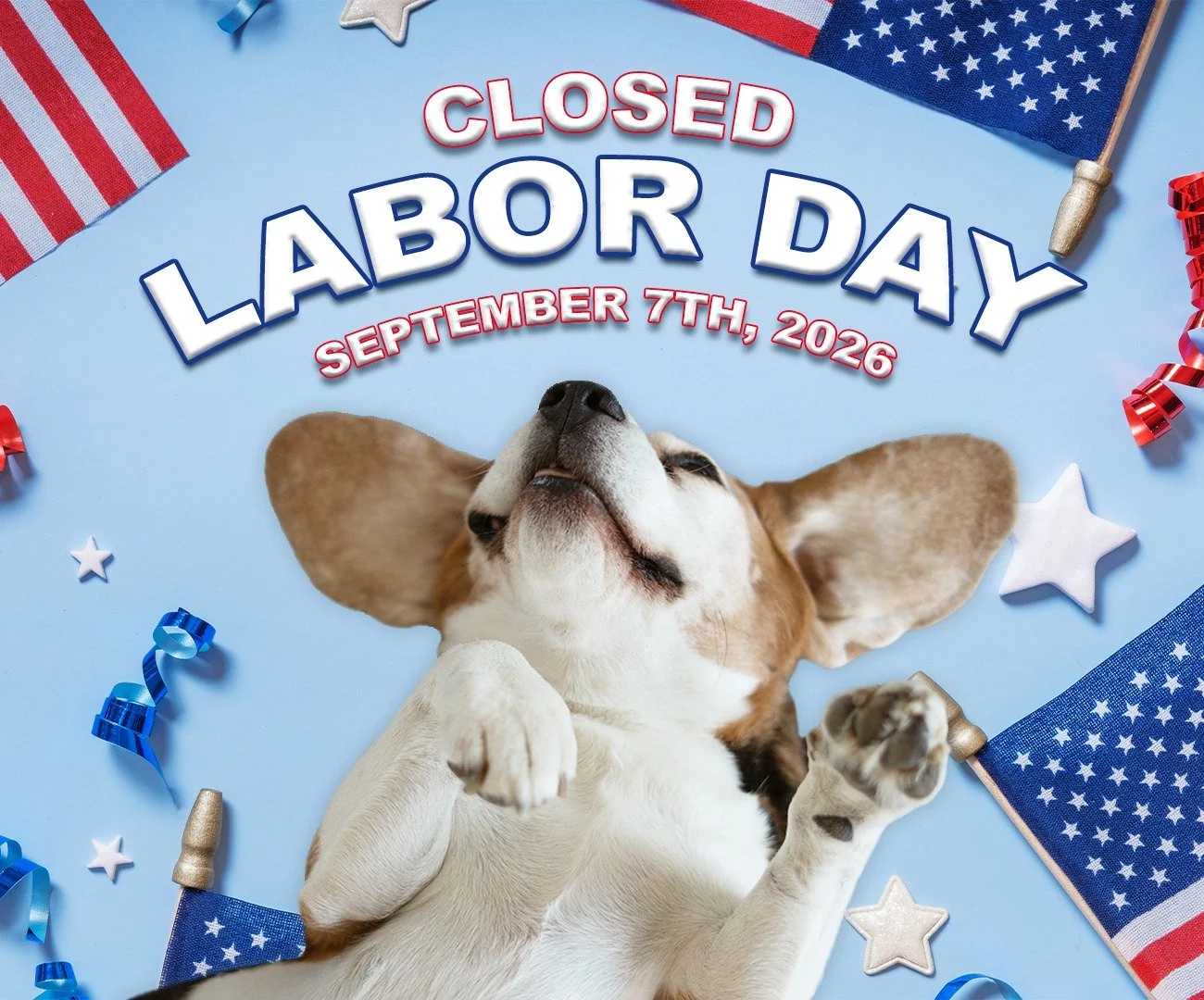 A little Labor Day lounging is in order! 🇺🇸🐶 

We&rsquo;ll be closed Monday, September 7th and back to our regular hours Tuesday. 

Enjoy the long weekend and we look forward to seeing you on the 8th!