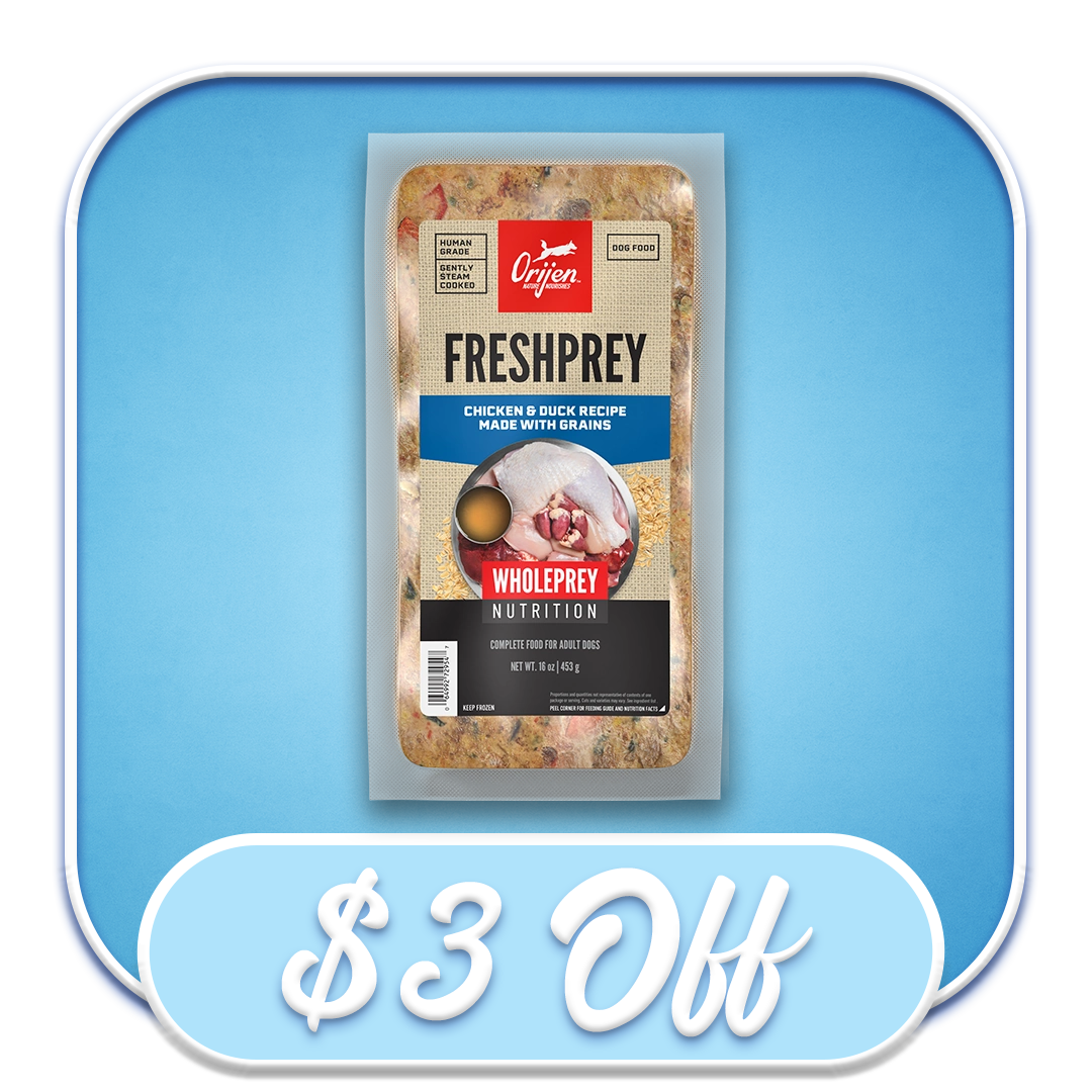 #52574 - Orijen Fresh Prey Chicken & Duck + Grains Recipe Frozen Diet 16oz (EACH)