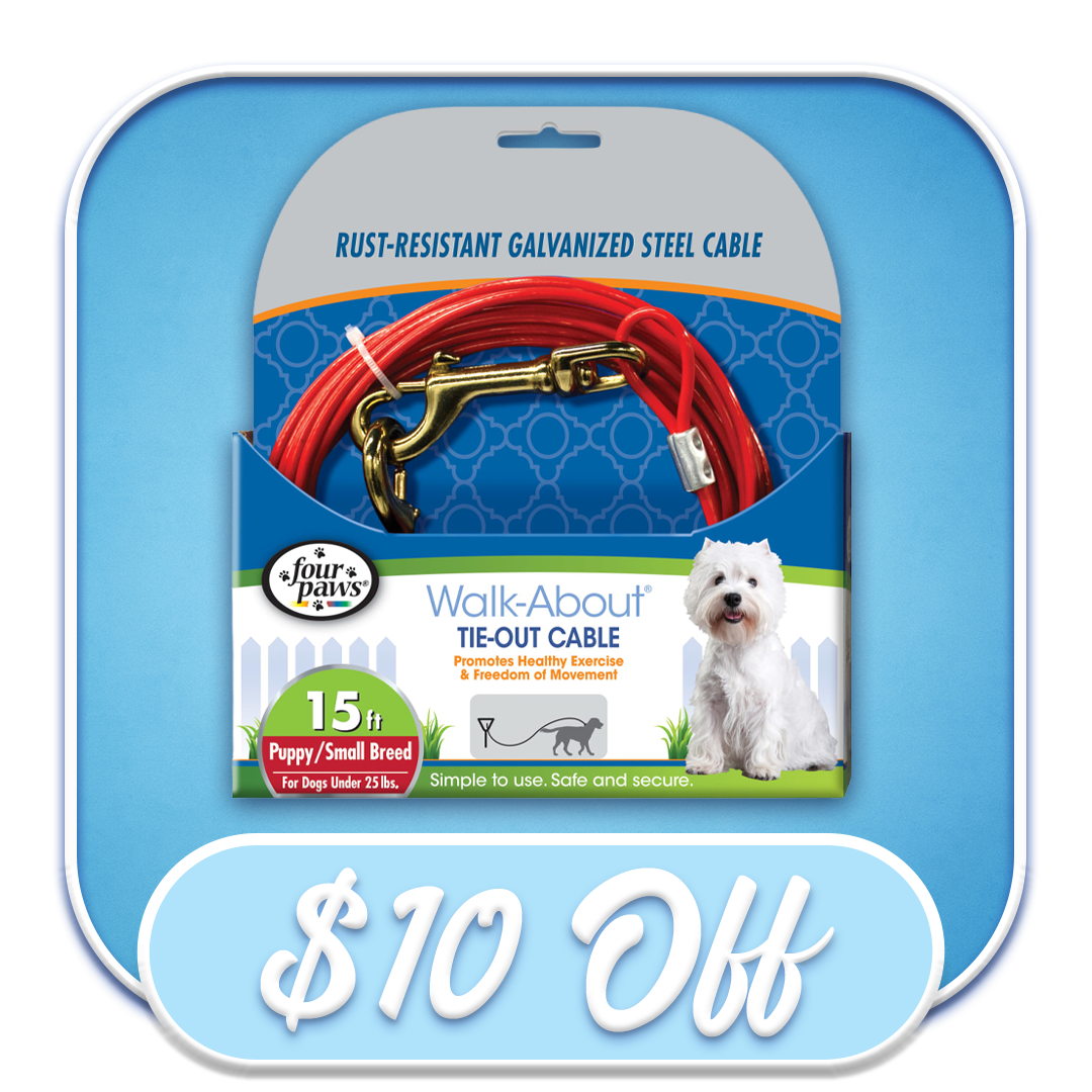 #51657 Four Paws - Walk-About 15ft Tie-Out Puppy/ Small Breed Cable