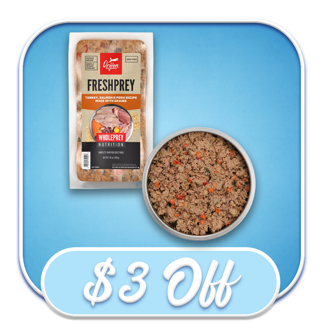 #52573 - Orijen Fresh Prey Turkey, Salmon & Pork + Grains Recipe Frozen Diet 16oz (EACH)