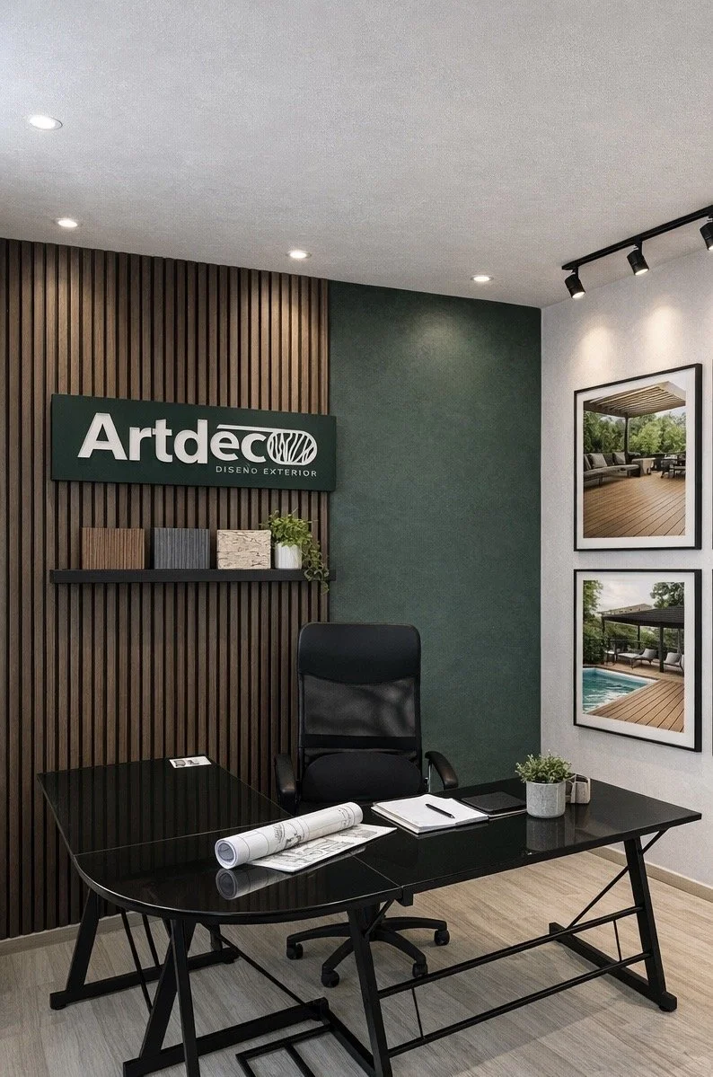 Vista de una oficina moderna con escritorio negro, silla ergonómica negra, señal de 'Artdec Diseño Exterior', paredes decoradas con cuadros de áreas exteriores de casas con piscinas y patios.