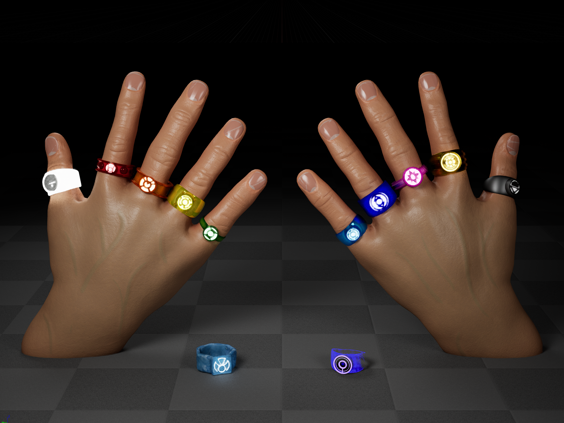 All Color Lantern Rings on 3D Hand Render