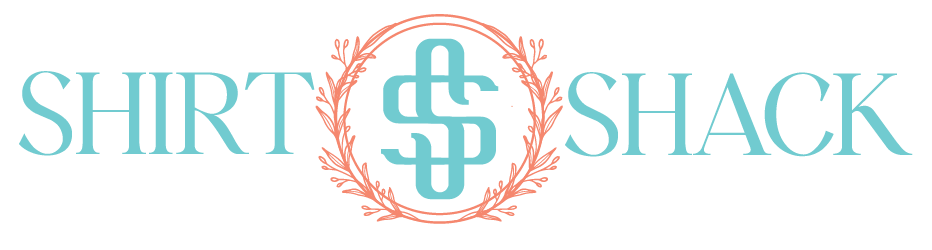 The logo for Shirt Shack featuring stylized text in turquoise with a pink wreath surrounding a monogram in the center.