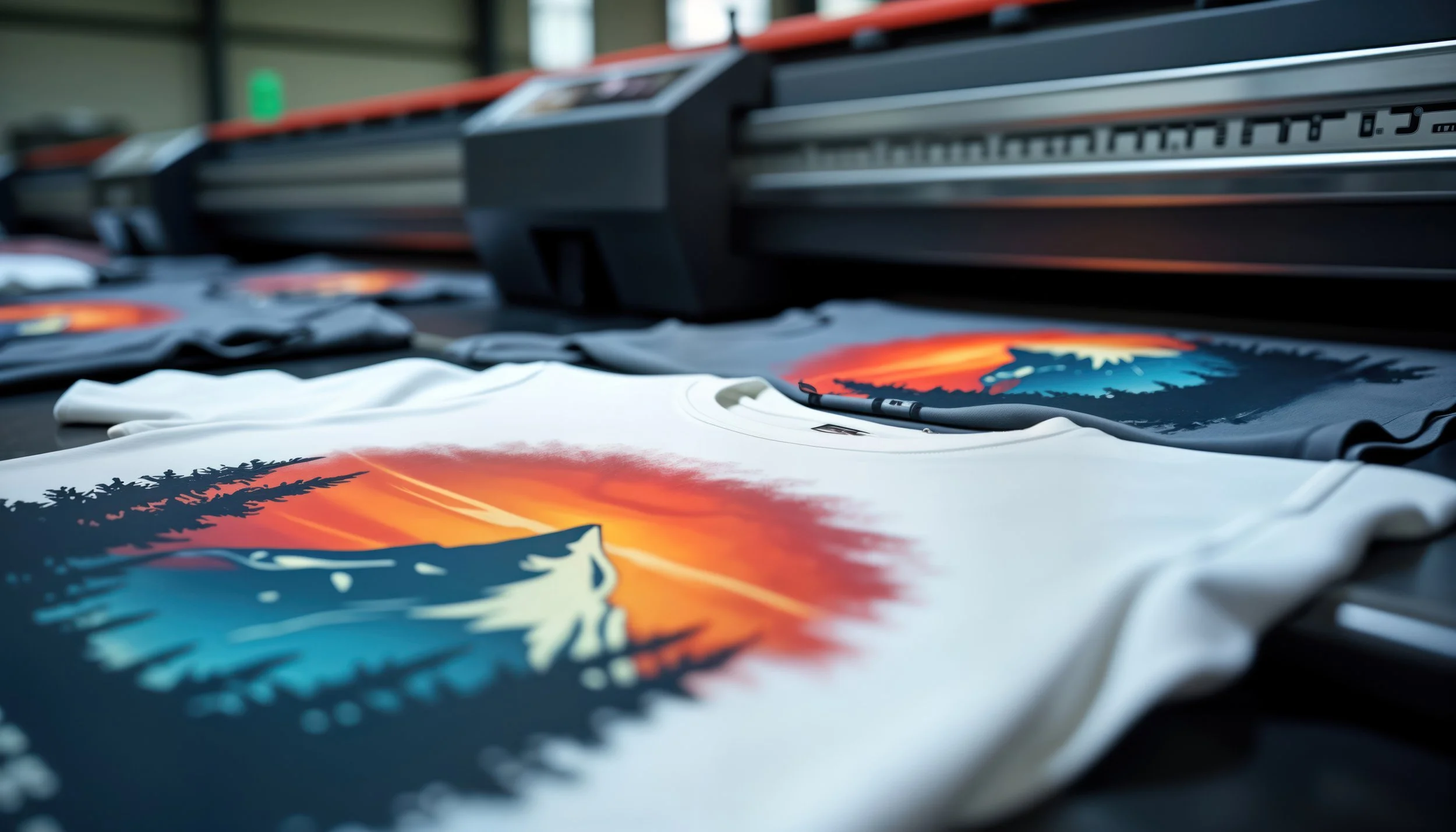 Close-up of printed T-shirts with mountain and forest sunset design, spread out on a table, with a large format printer in the background.