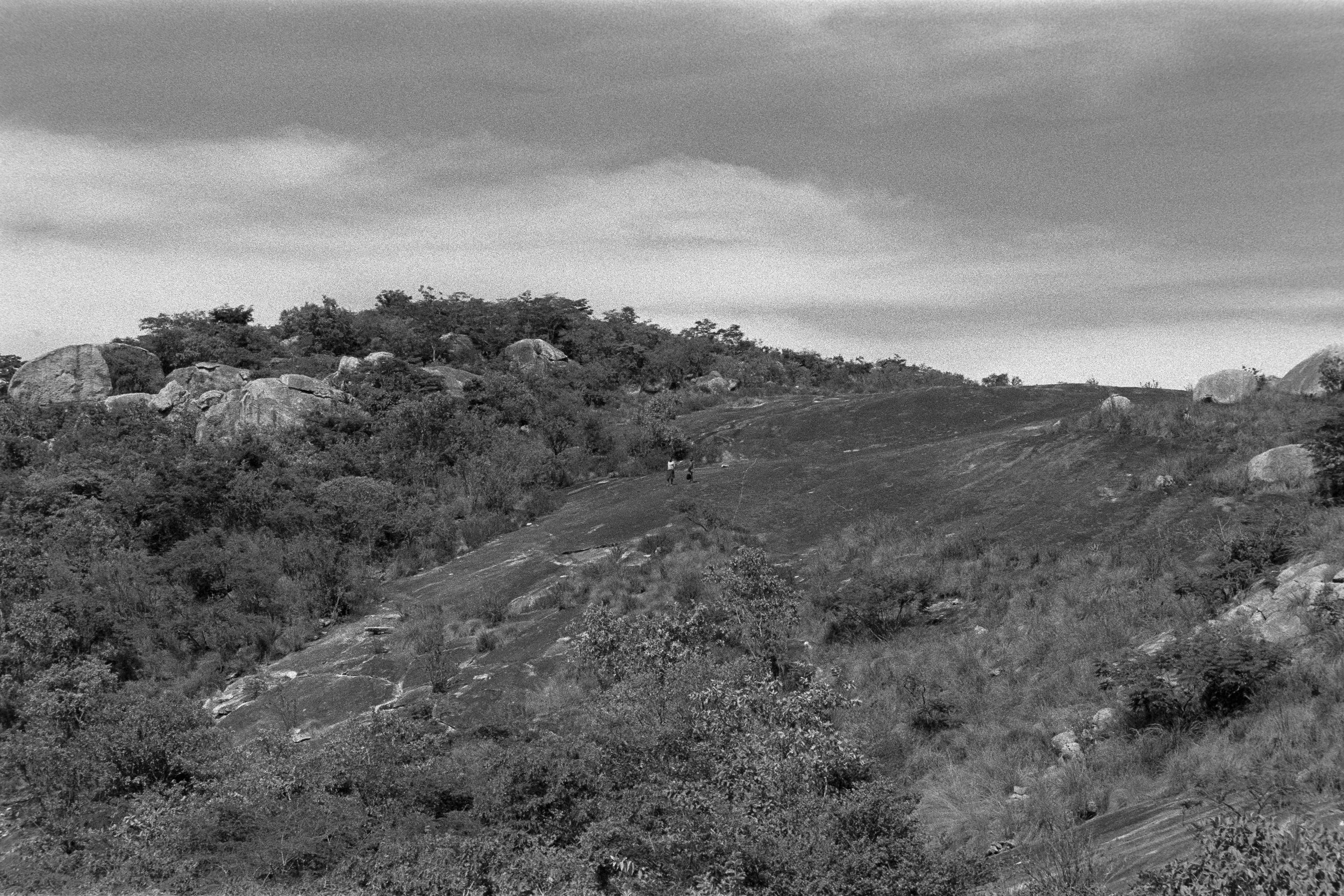 A black and white photo of a hillside with scattered bushes and rocks, with two people walking up the slope in the distance under a cloudy sky.