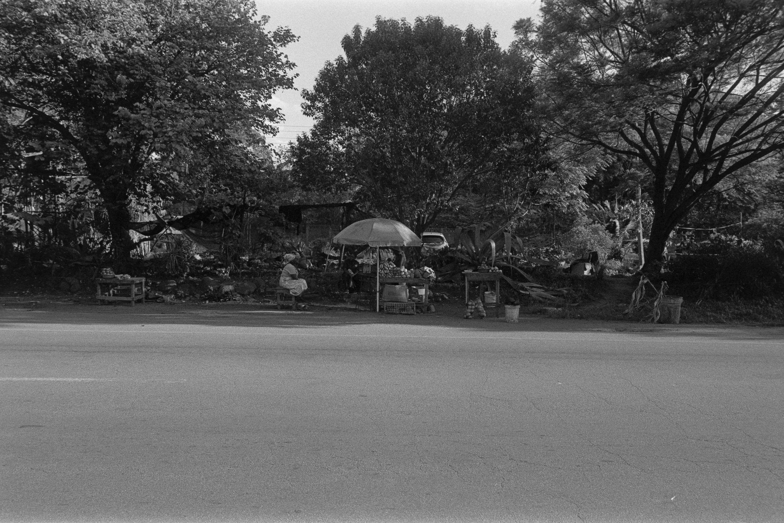 Street view showing a roadside market with vendors behind tables, an umbrella, and trees in the background, in black and white.