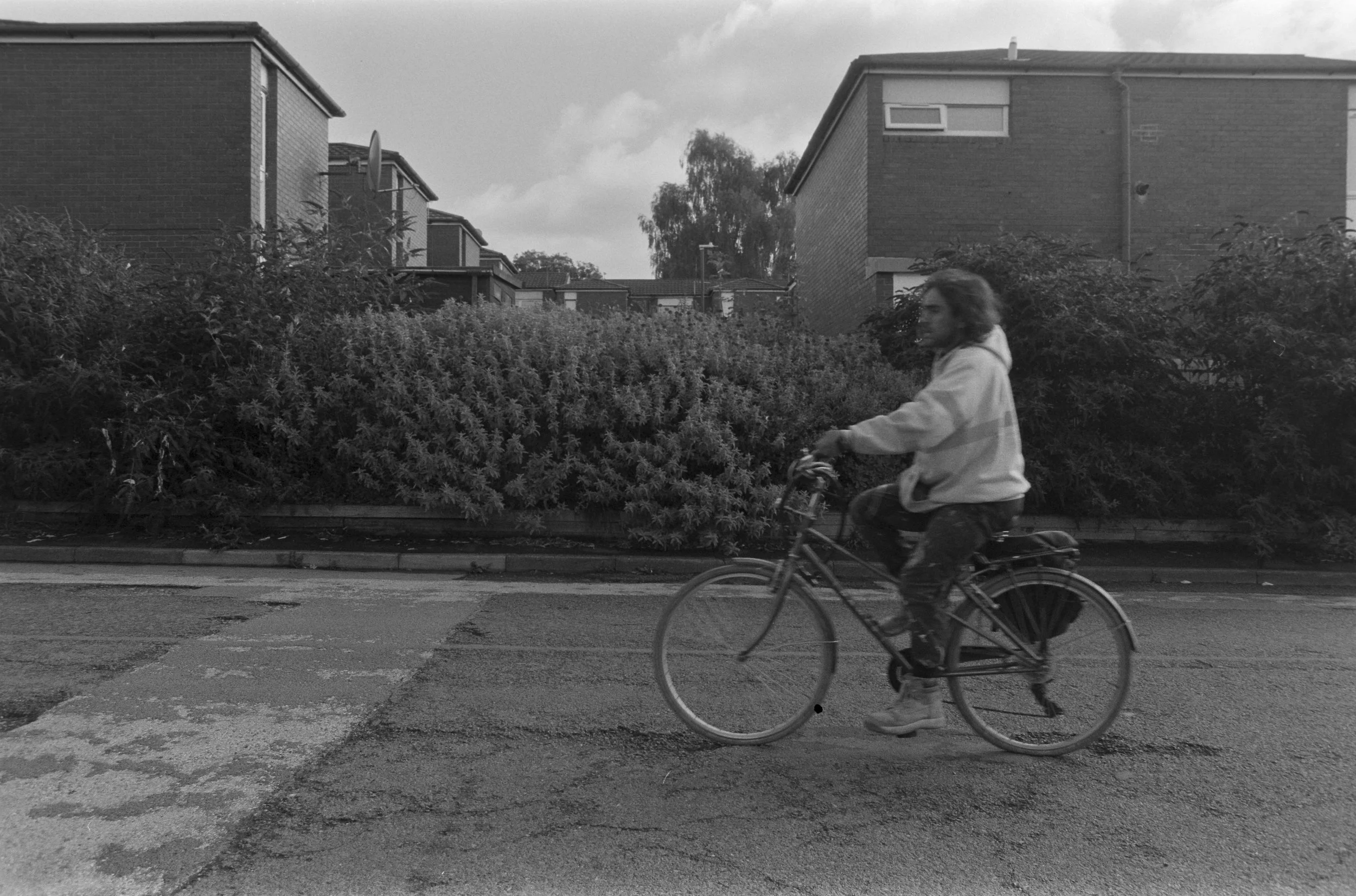 A person riding a bicycle on a street in front of bushes and modern houses in black and white.