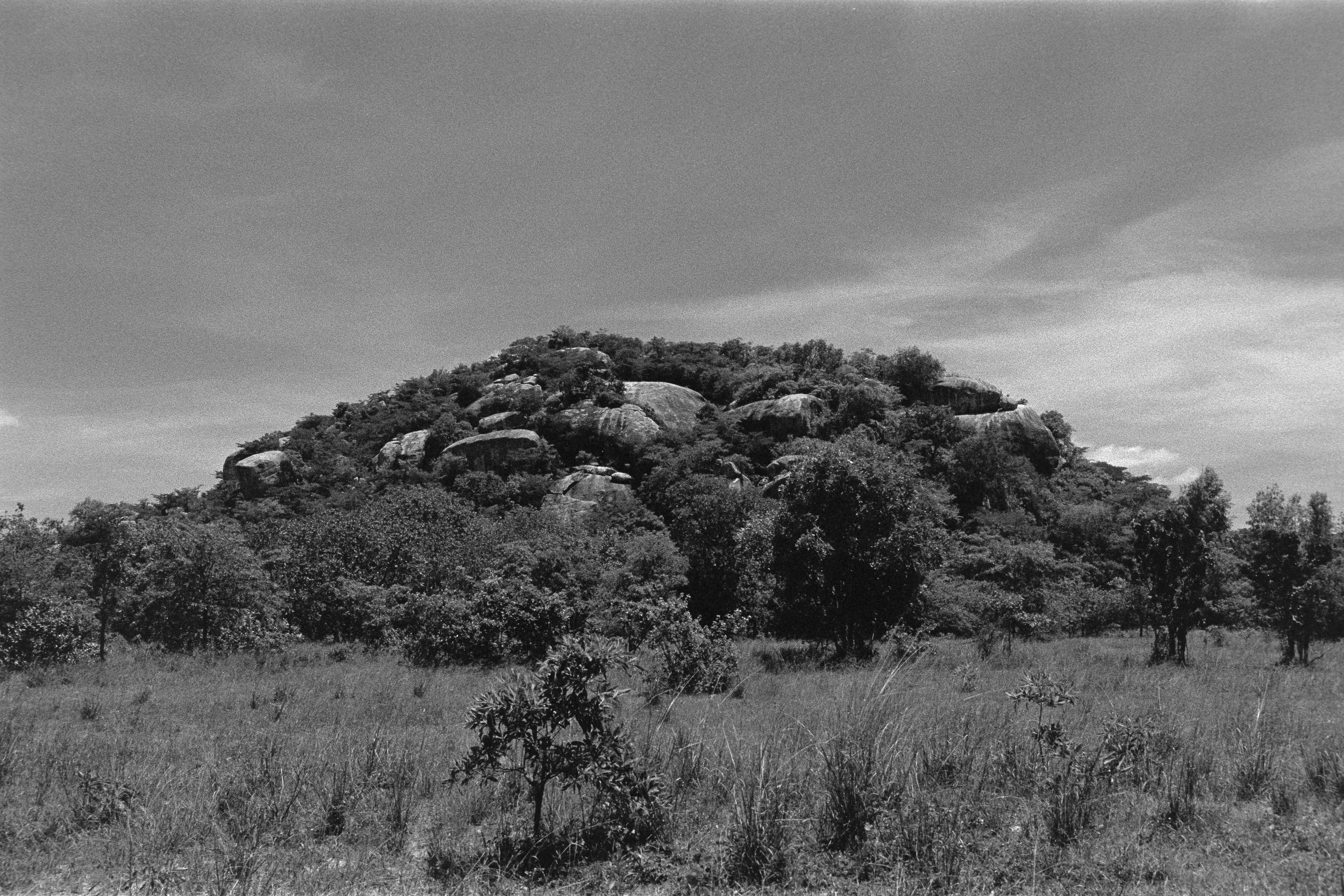 A black and white photo of a rocky hill or mountain surrounded by trees and grass underneath a partly cloudy sky.