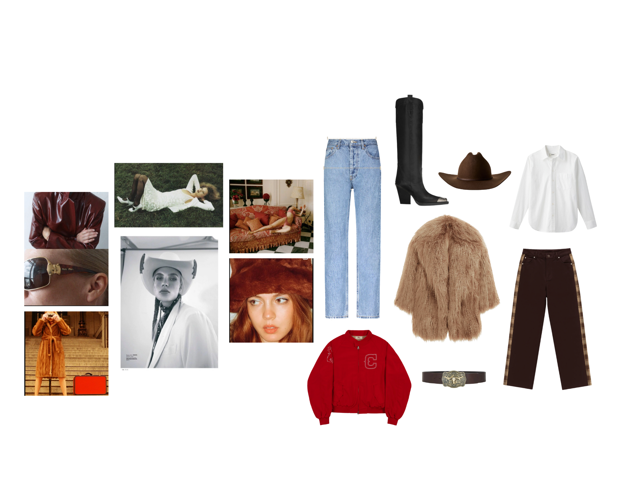 Fashion collage with clothing items, accessories, and styled model photos.