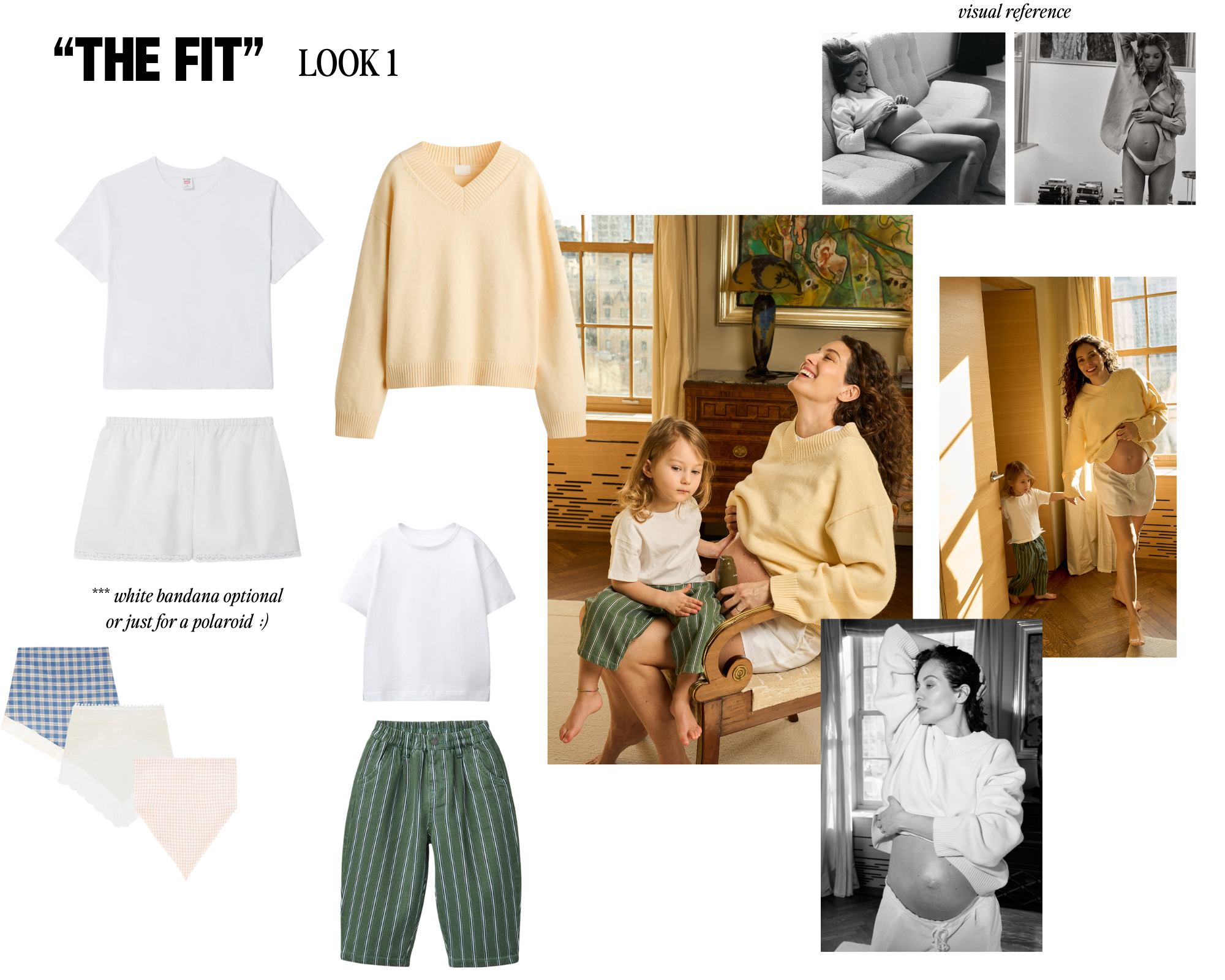 Collage of images featuring a mother and daughter, with clothing items including a white T-shirt, a cream-colored sweater, white shorts, green striped pants, and coordinating bandsanas, in cozy, casual settings, emphasizing comfort and family bonding.