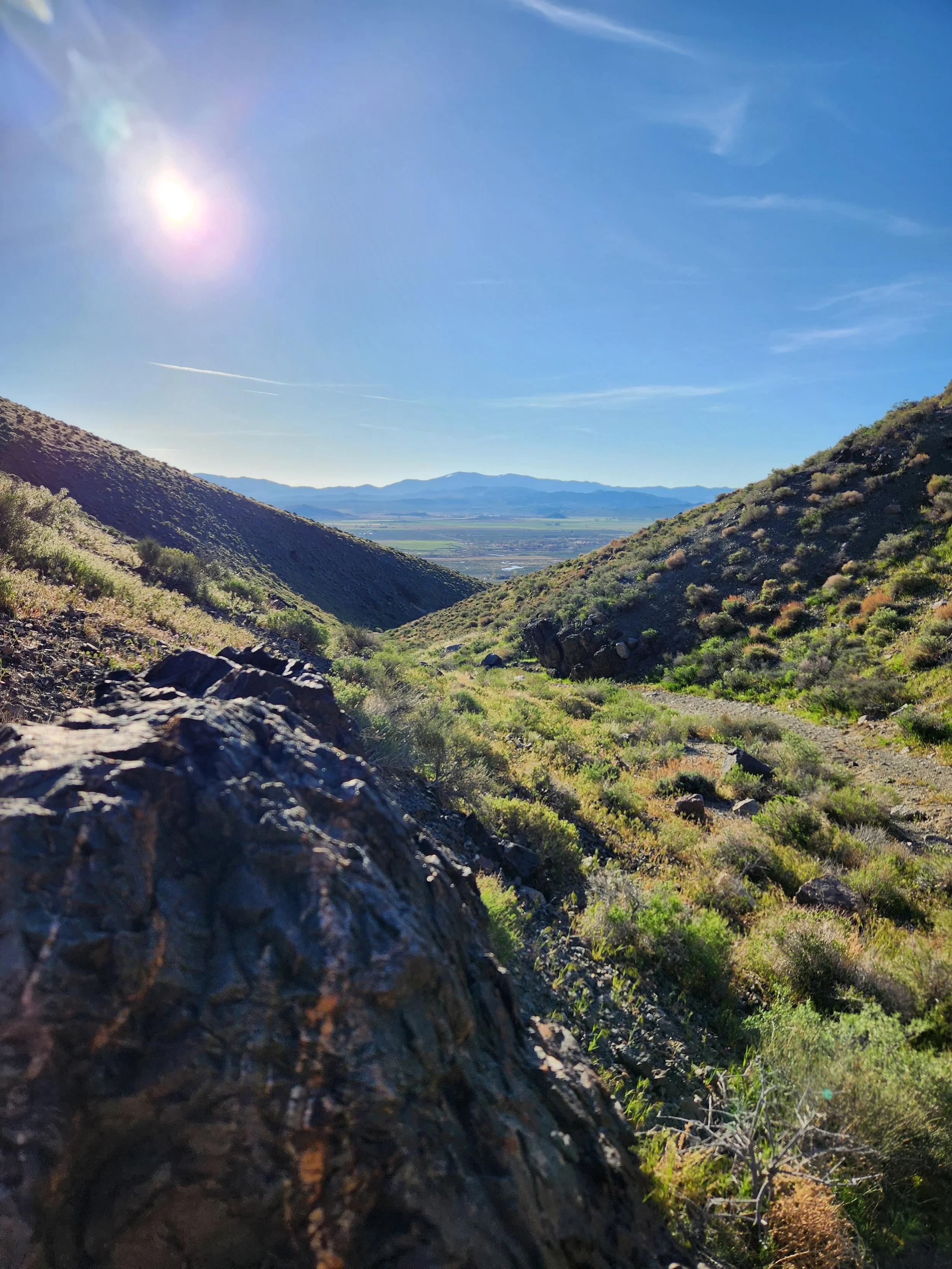 View of Mason Valley from a rocky hillside trail, with green agricultural fields in the valley below and mountain ranges in the distance under a clear blue sky.