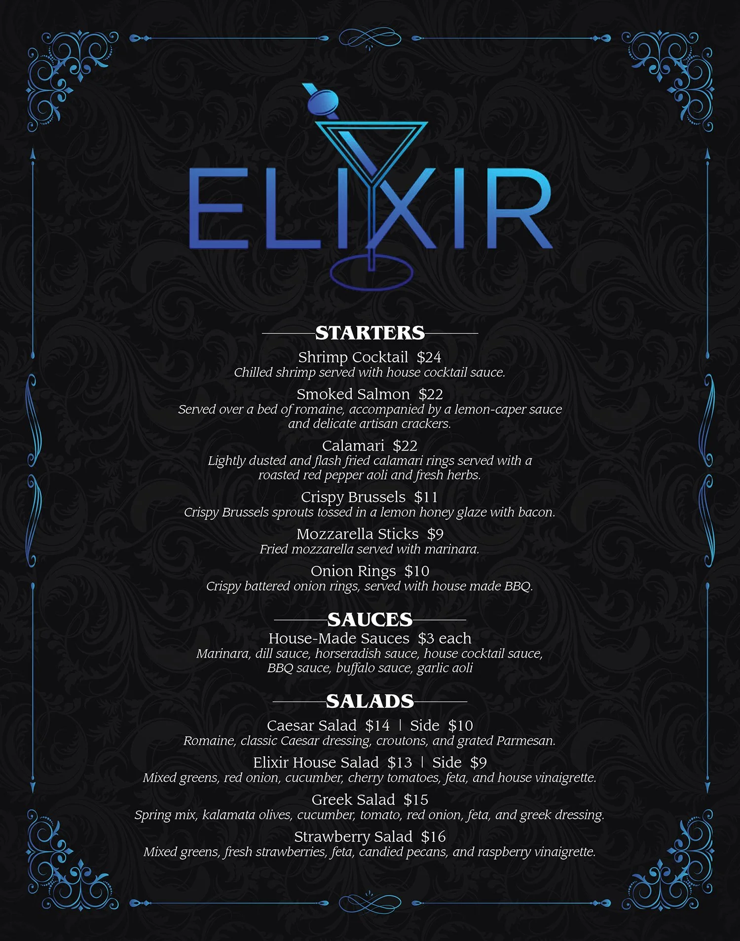 Elixir Dinner Menu (front)